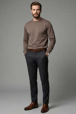 Bisiklet Yaka Manşetli Erkek Sweatshirt Kahve - Yeni Erkek Giyim