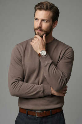 Bisiklet Yaka Manşetli Erkek Sweatshirt Kahve - MARKOVA