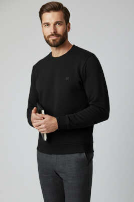 Bisiklet Yaka Manşetli Erkek Sweatshirt Siyah - MARKOVA