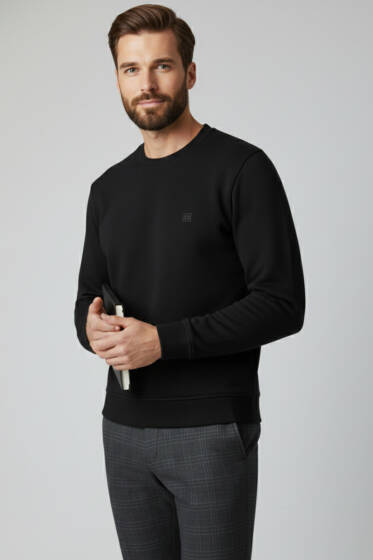 Bisiklet Yaka Manşetli Erkek Sweatshirt Siyah - Yeni Erkek Giyim