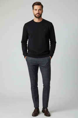 Bisiklet Yaka Manşetli Erkek Sweatshirt Siyah - Yeni Erkek Giyim