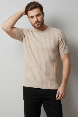 Bisiklet Yaka Merserize Erkek T-shirt Bej - DEEP POİNT