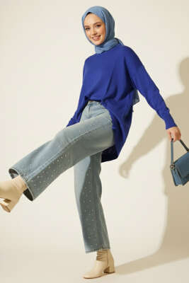 Bisiklet Yaka Merserize Tunik Saks - Yılın Fırsatı