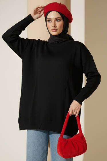 Bisiklet Yaka Merserize Tunik Siyah - Tunik