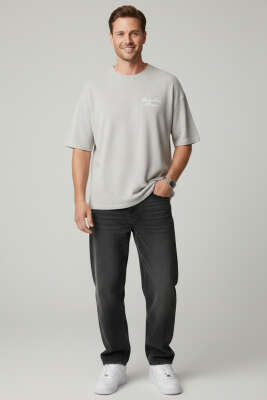 Bisiklet Yaka Nakışlı Örme T-shirt Gri - Erkek T-shirt