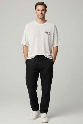 Bisiklet Yaka Nakışlı Örme T-shirt Kemik - Erkek T-shirt