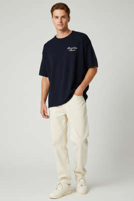 Bisiklet Yaka Nakışlı Örme T-shirt Lacivert - Erkek T-shirt