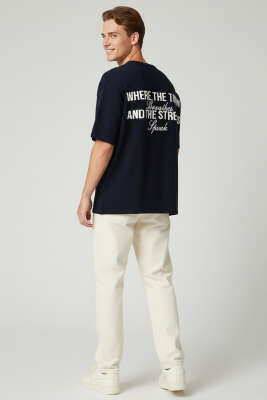 Bisiklet Yaka Nakışlı Örme T-shirt Lacivert - Erkek T-shirt