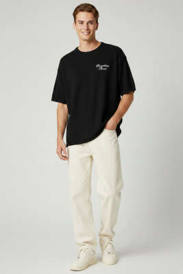 Bisiklet Yaka Nakışlı Örme T-shirt Siyah - Erkek T-shirt