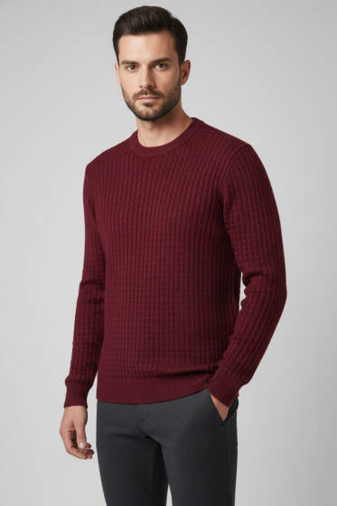 Bisiklet Yaka Örme Triko Erkek Kazak Bordo - Erkek Kazak