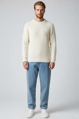 Bisiklet Yaka Örme Triko Erkek Kazak Ekru - Erkek Kazak