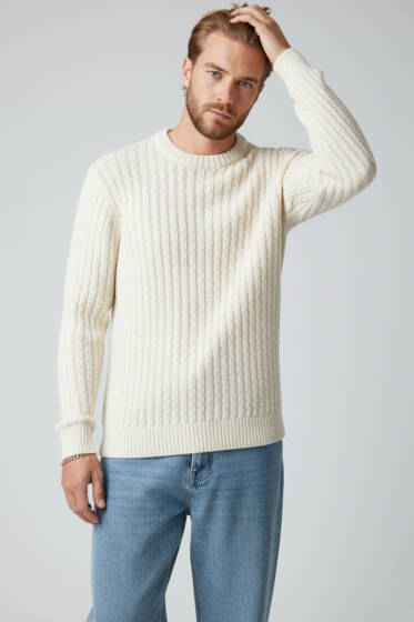 Bisiklet Yaka Örme Triko Erkek Kazak Ekru - Yılın Fırsatı