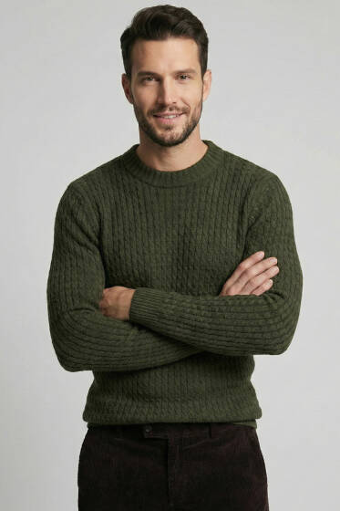 Bisiklet Yaka Örme Triko Erkek Kazak Haki - Erkek Kazak