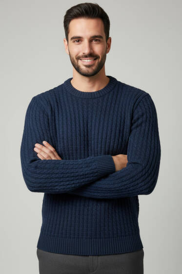 Bisiklet Yaka Örme Triko Erkek Kazak İndigo - Erkek Kazak