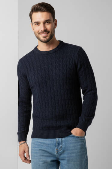 Bisiklet Yaka Örme Triko Erkek Kazak Koyu Lacivert - Erkek Kazak