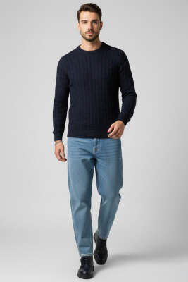 Bisiklet Yaka Örme Triko Erkek Kazak Koyu Lacivert - Erkek Kazak