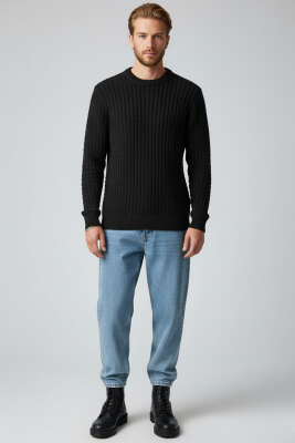 Bisiklet Yaka Örme Triko Erkek Kazak Siyah - Erkek Kazak