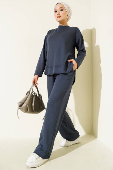 Bisiklet Yaka Oval Detaylı İkili Takım Füme - İkili Takım