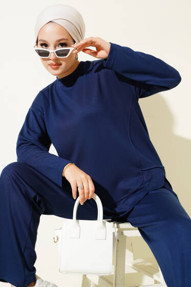 Bisiklet Yaka Oval Detaylı İkili Takım Lacivert - İkili Takım