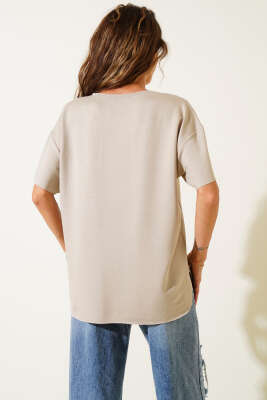Bisiklet Yaka Oval Kesim T-shirt Bej - Kadın Giyim Modelleri