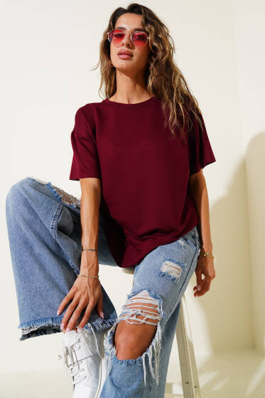 Bisiklet Yaka Oval Kesim T-shirt Bordo - Kadın Giyim Modelleri