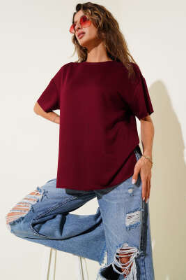 Bisiklet Yaka Oval Kesim T-shirt Bordo - Kadın Giyim Modelleri