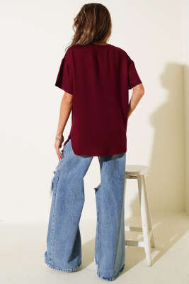Bisiklet Yaka Oval Kesim T-shirt Bordo - Kadın Giyim Modelleri