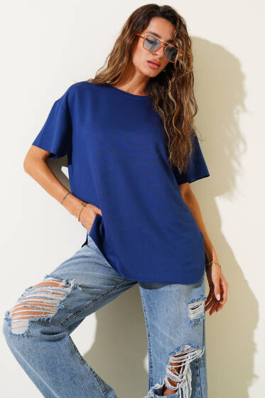 Bisiklet Yaka Oval Kesim T-shirt Indıgo - Kadın Giyim Modelleri