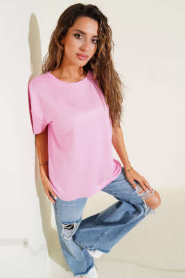 Bisiklet Yaka Oval Kesim T-shirt Pembe - Kadın Giyim Modelleri