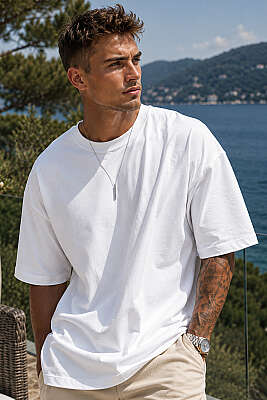 Bisiklet Yaka Oversize Erkek Basic T-shirt Beyaz 