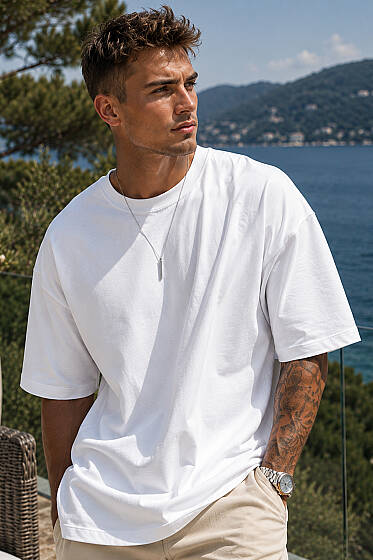 Bisiklet Yaka Oversize Erkek Basic T-shirt Beyaz - Erkek T-shirt