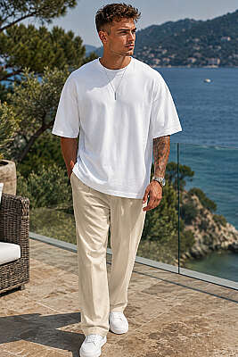 Bisiklet Yaka Oversize Erkek Basic T-shirt Beyaz - Erkek T-shirt