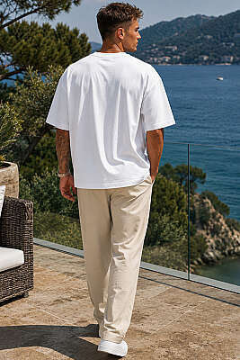 Bisiklet Yaka Oversize Erkek Basic T-shirt Beyaz - Erkek T-shirt