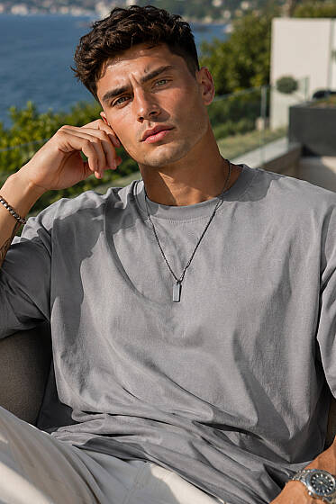 Bisiklet Yaka Oversize Erkek Basic T-shirt Füme - Erkek T-shirt