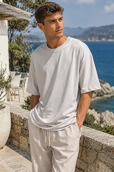 Bisiklet Yaka Oversize Erkek Basic T-shirt Gri - Erkek T-shirt