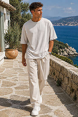 Bisiklet Yaka Oversize Erkek Basic T-shirt Gri - Erkek T-shirt
