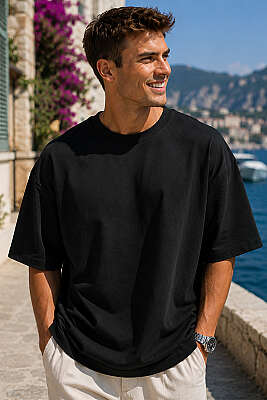 Bisiklet Yaka Oversize Erkek Basic T-shirt Siyah - GAVAZZİ