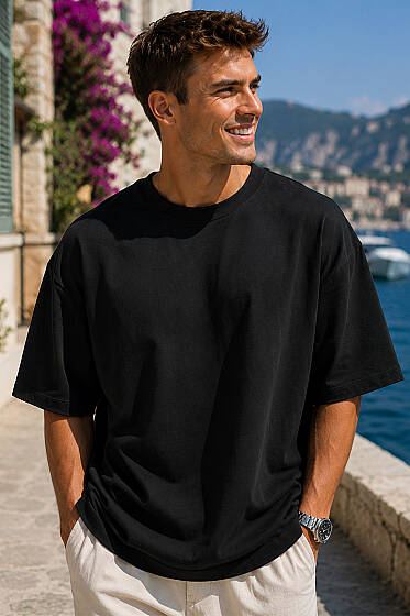 Bisiklet Yaka Oversize Erkek Basic T-shirt Siyah - Erkek T-shirt