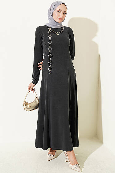 Bisiklet Yaka Pensli Elbise Füme - Elbise