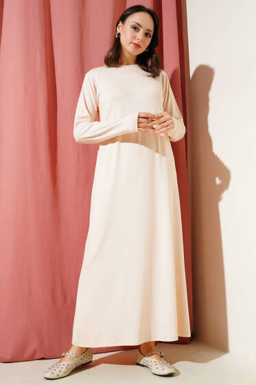 Bisiklet Yaka Penye Elbise Bej - Elbise