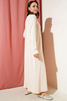 Bisiklet Yaka Penye Elbise Bej - Tesettür Elbise