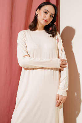 Bisiklet Yaka Penye Elbise Bej - Tesettür Elbise