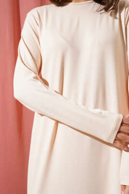 Bisiklet Yaka Penye Elbise Bej - Tesettür Elbise