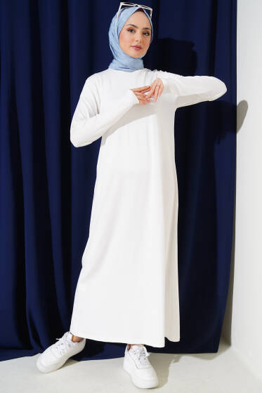 Bisiklet Yaka Penye Elbise Beyaz - Tesettür Elbise
