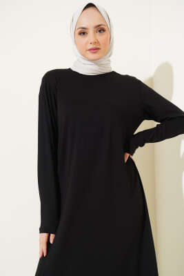 Bisiklet Yaka Penye Elbise Siyah - Tesettür Elbise