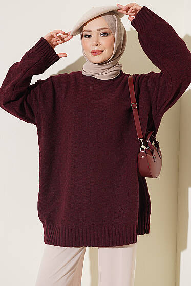 Bisiklet Yaka Ribanalı Triko Tunik Bordo - Tunik