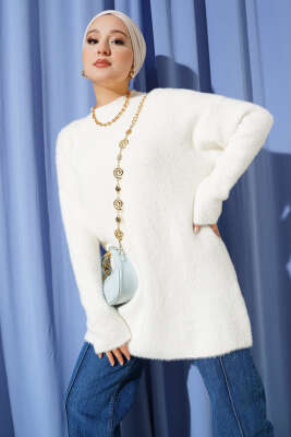 Bisiklet Yaka Sakal Detaylı Kazak Beyaz - KILIÇ TRİKO