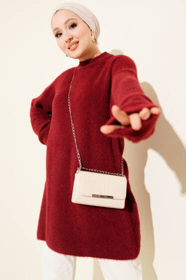 Bisiklet Yaka Sakal Detaylı Kazak Bordo - Triko Kazak