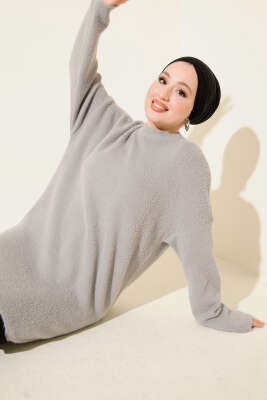 Bisiklet Yaka Sakal Detaylı Kazak Gri - KILIÇ TRİKO