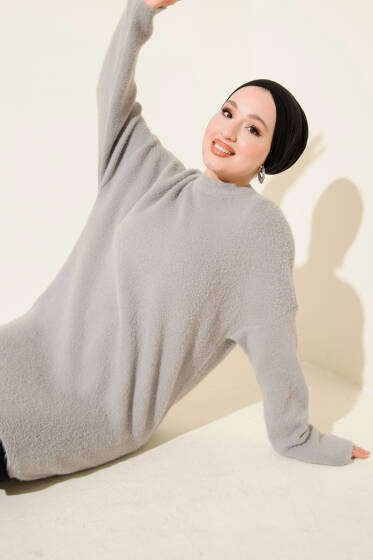 Bisiklet Yaka Sakal Detaylı Kazak Gri - Triko Kazak